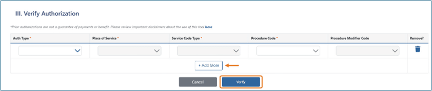 Screenshot of verify authorization section